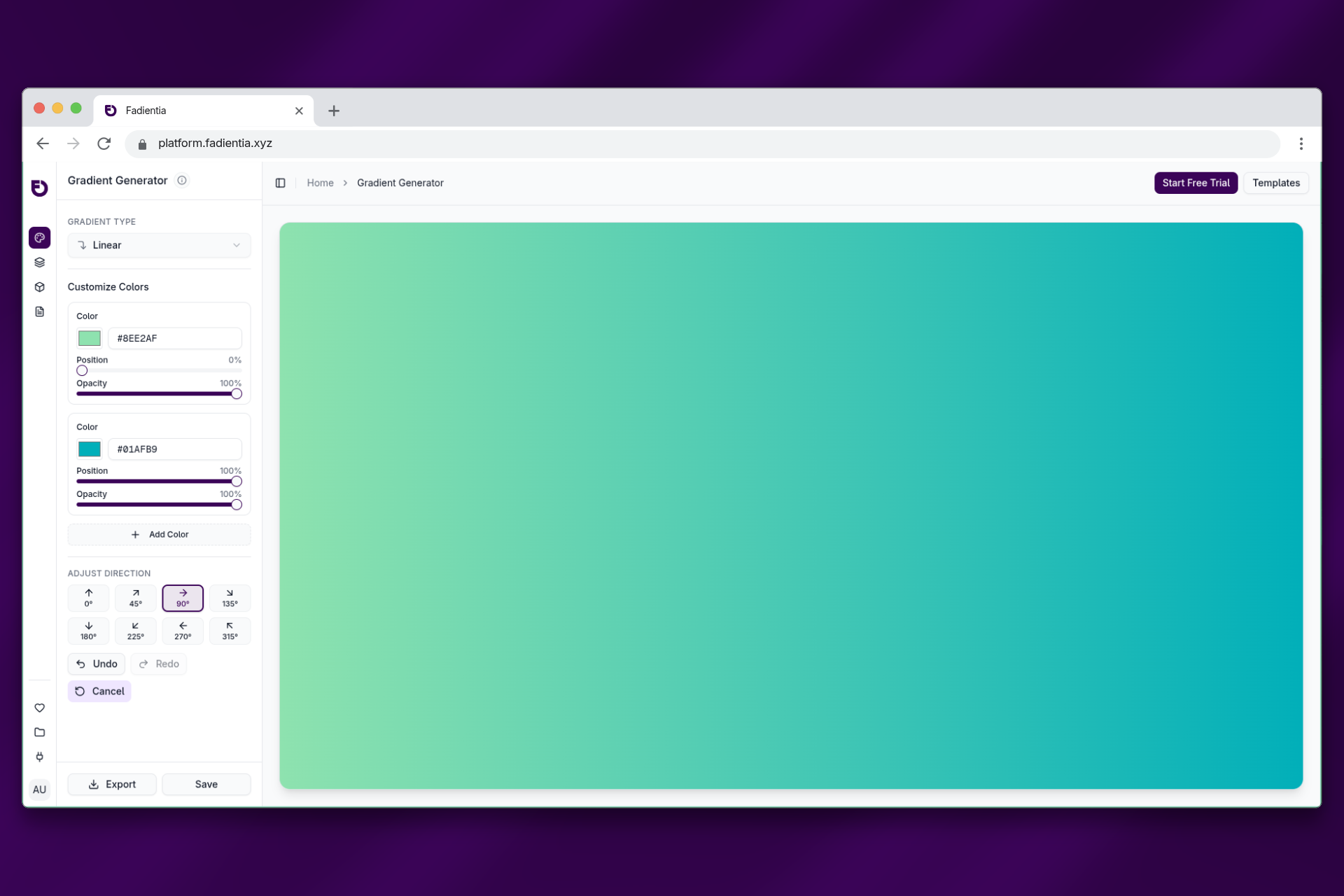 Gradient Generator UI showing palette lock and preview area