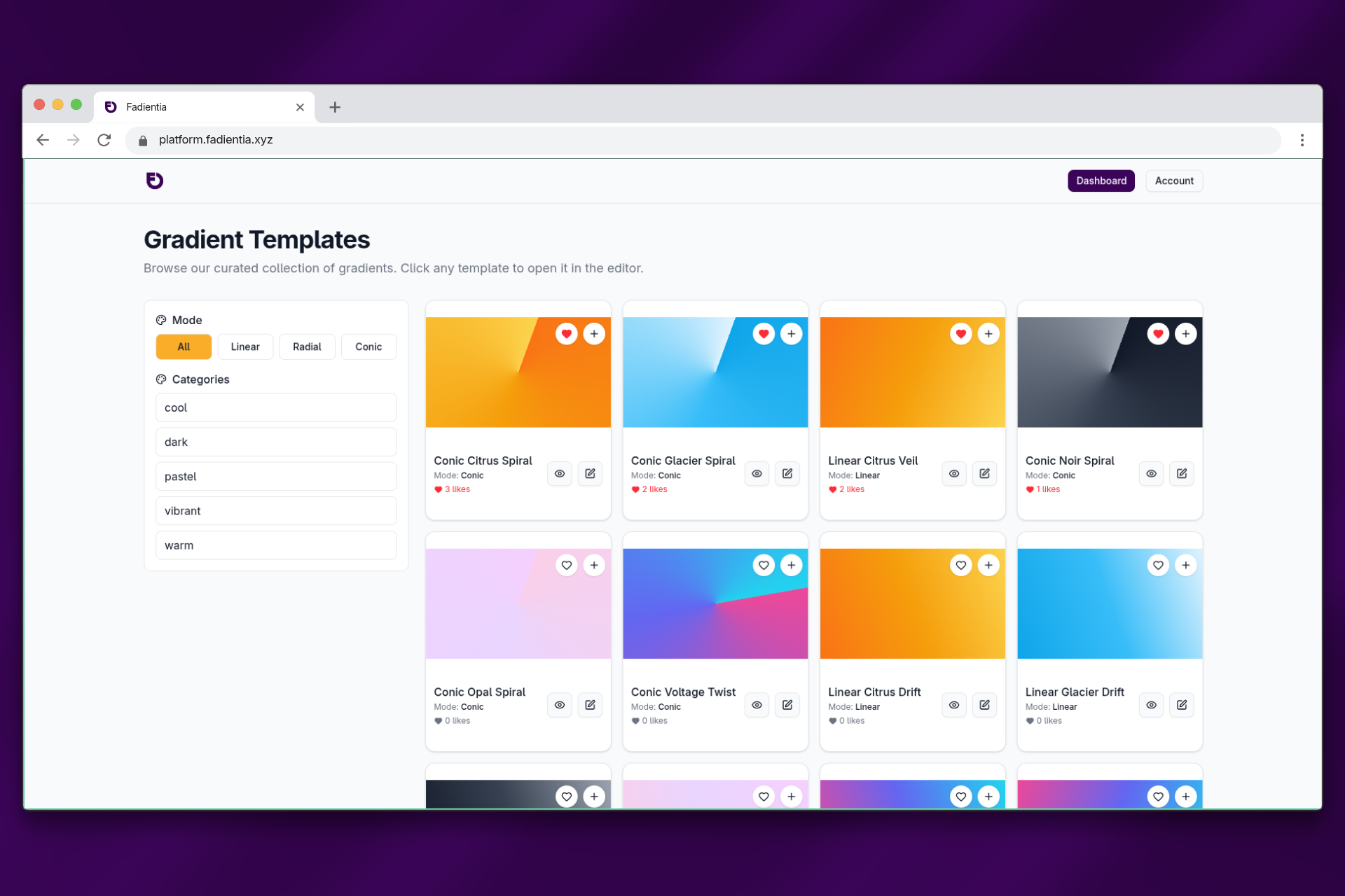 Template library grid full of gradient cards